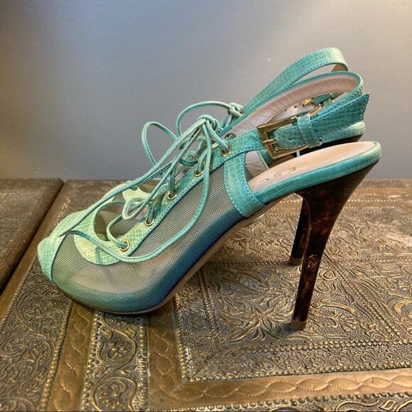 Escada Heals shoes size 6 open toe lace up Coquette tortoise pastel mint NEW - Picture 5 of 10